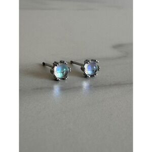 S925 Sterling Silver Moonstone Screw‎ Back Stud Earrings Round Cabochon Crown